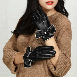 触摸屏皮手套 女士新可爱蝴蝶结学生保暖加绒韩版修手 短款皮手套