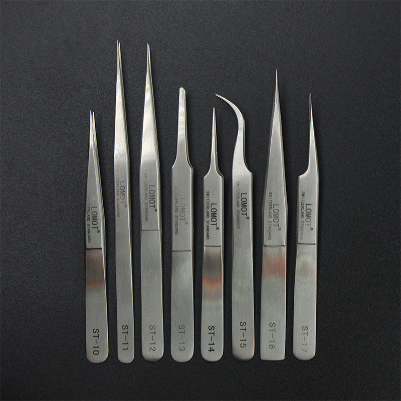 厂家直销LOMOT不锈钢镊子尖头弯头防磁加硬镊子精密特尖镊子