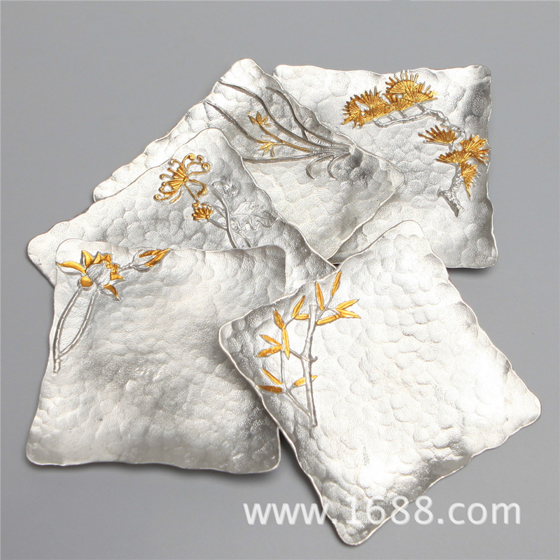 Square Hammered Tin Coasters Metal Tea Coasters Japanese Cup Holders Insulated Tea Sets Creative Saucers Tea Ceremony Accessories