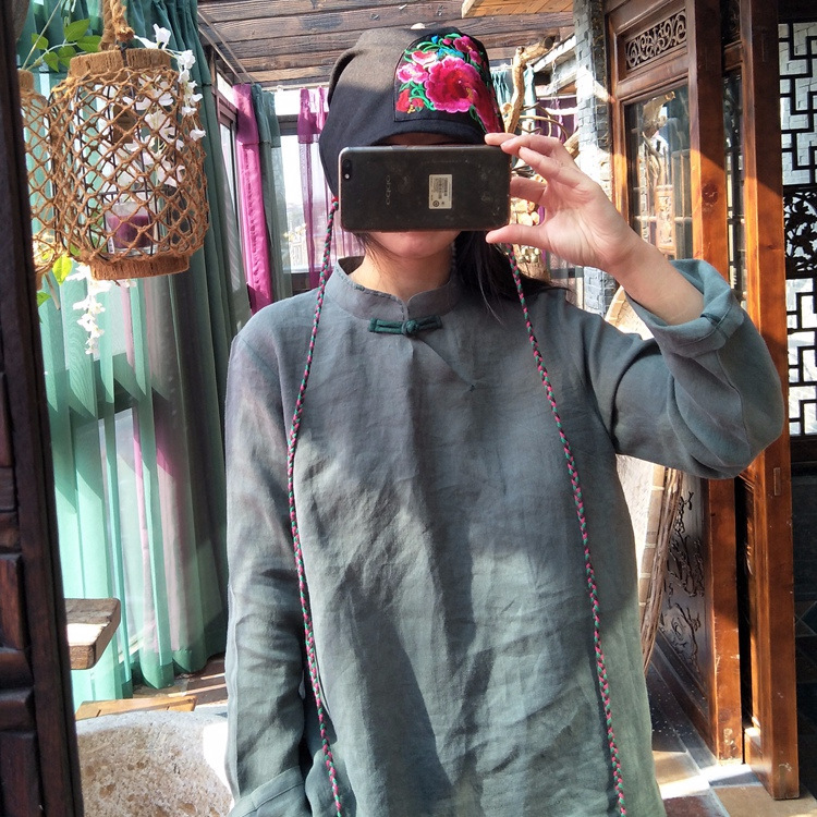 Luogu Mud Light Custom Literary Handmade Needlework Linen Buttoned Long-Sleeved Shirt Women's Zen Tea Suit 1297 Bean Green