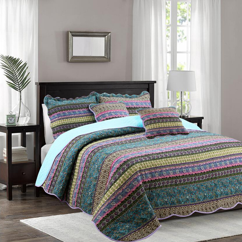Drop-shipping Pastoral Style Quilted Bedspread Striped Cotton Bedding Three-piece Set, Wholesale From Manufacturer_voghion.com