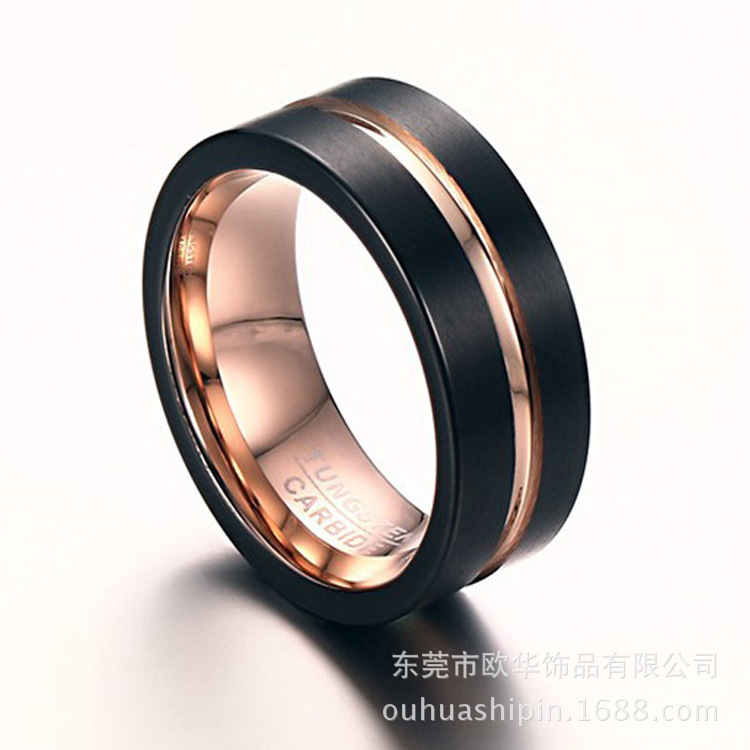 2022 Amazon AliExpress popular tungsten steel ring roll sand electric black + rose gold men's ring factory direct supply