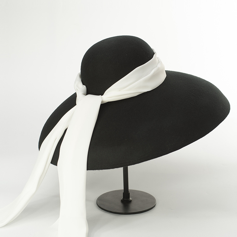 New European American British Retro Wool Top Hat Ladies Elegant Stage Shape Bow Ribbon Felt Hat