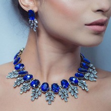 跨境热销 优雅蓝宝石项链套装超闪玻璃水晶耳环套装宴会礼服配饰