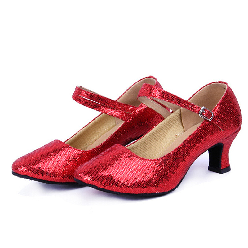 Zapatos de baile moderno de tacón medio adulto de las mujeres zapatos de baile de fondo suave zapatos de baile latino con lentejuelas de Punta cerrada zapatos de baile cuadrado