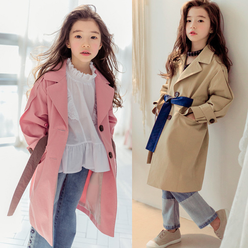 女童外套2018春季韩版新款女中大童纯棉大衣母女亲子装中长款风衣