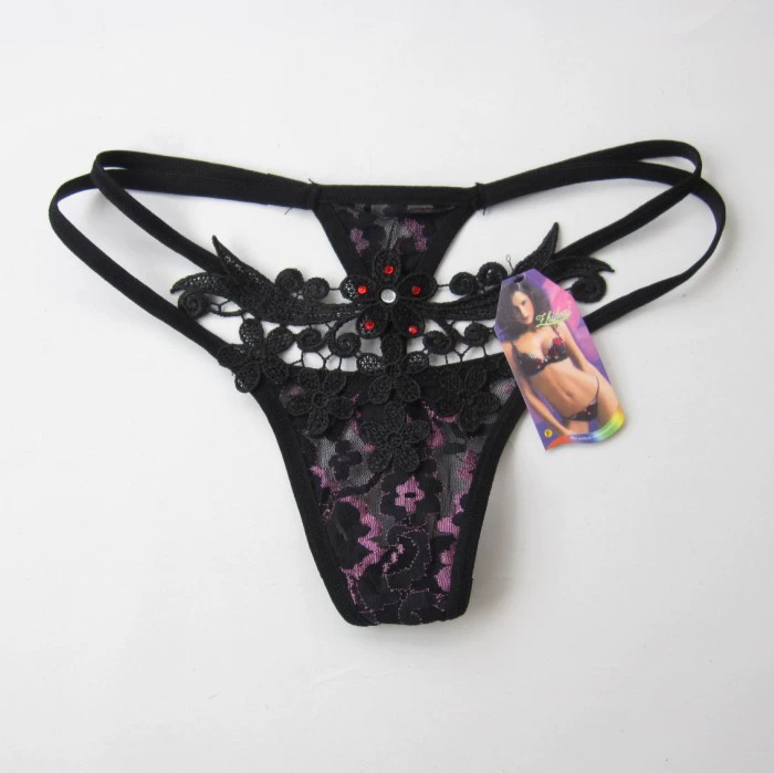Women's T-Back Thong T36, Decorative Lace Applique with Small Pocket, Multi-Color (Black/Fuchsia/Red/Rose)
