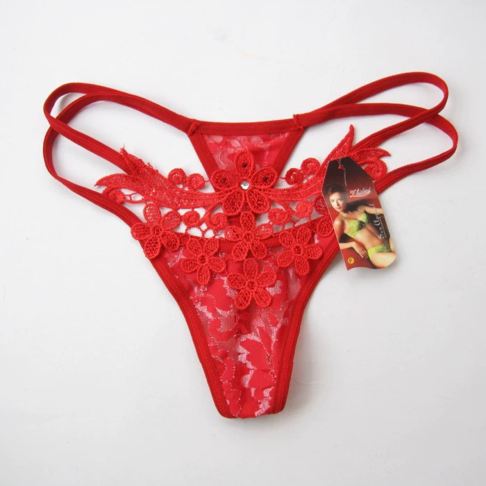 Women's T-Back Thong T36, Decorative Lace Applique with Small Pocket, Multi-Color (Black/Fuchsia/Red/Rose)