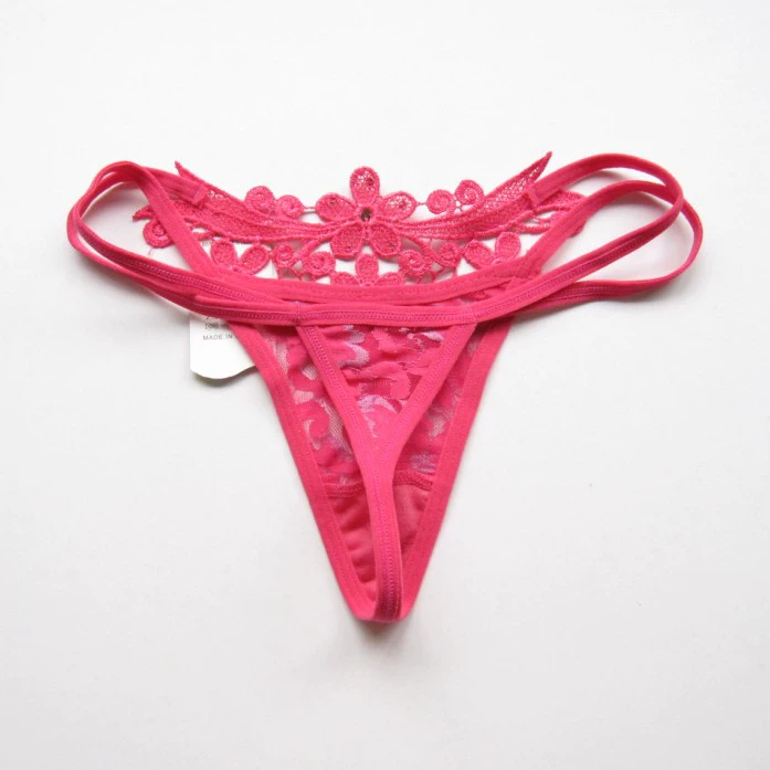 Women's T-Back Thong T36, Decorative Lace Applique with Small Pocket, Multi-Color (Black/Fuchsia/Red/Rose)