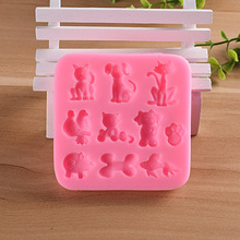 10连猪猫狗猪骨头鱼翻糖硅胶模具 动物巧克力蛋糕装饰烘焙DIY工具