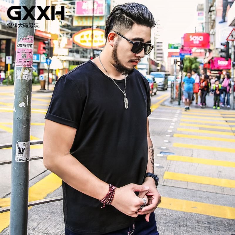 Plus size men's short-sleeved T-shirt loose round neck solid color trendy fat plus size half-sleeved T-shirt men's