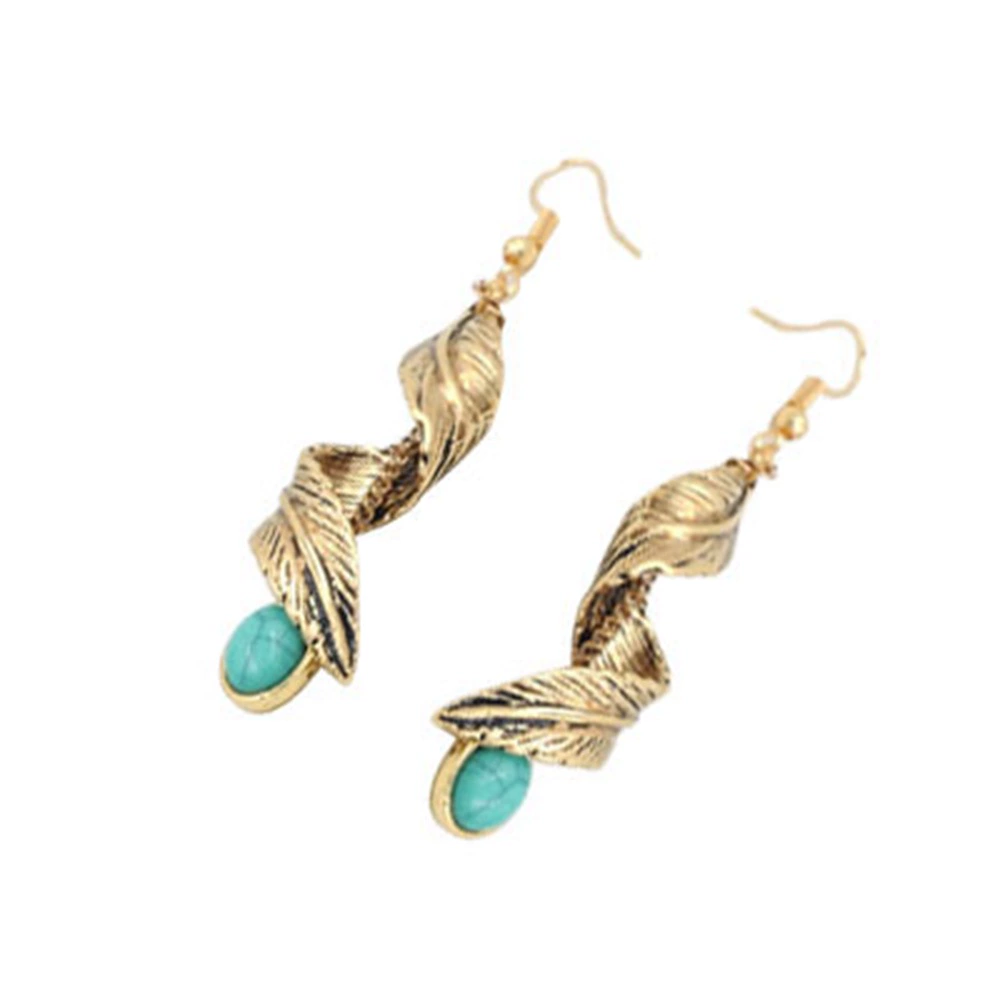 Retro Turquoise Drop Earrings, Ancient Silver Plated Leaf Dangle, Boho European Style