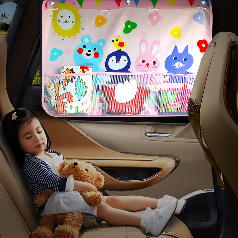 Car sunshade children's sun protection and heat insulation cute cartoon rear side window baby's shading belt net pocket car curtain