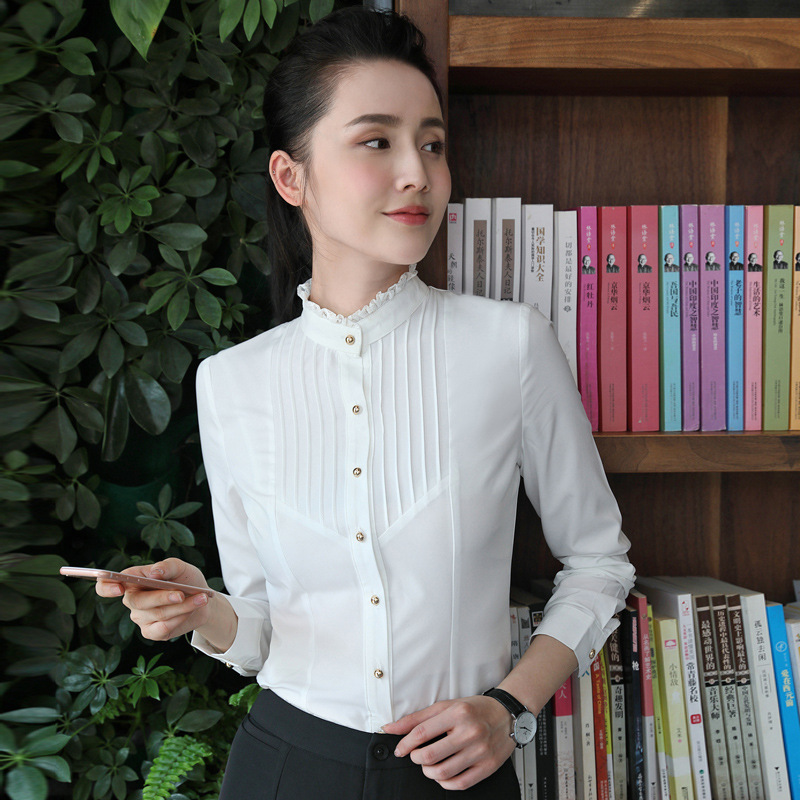 Spring and Autumn White Collar Solid Color Lace Shirt Women's Long Sleeve Korean Style Small Collar Hotel Front Desk Interview Work Clothes Base Shirt