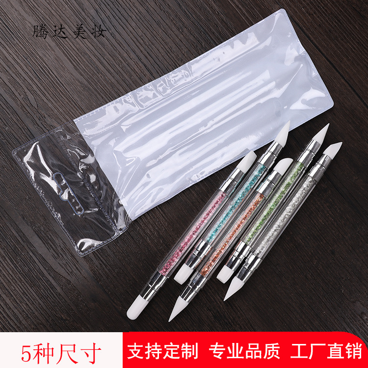 Selección estricta varilla de perforación de uñas pluma de silicona traje de pluma de uñas de doble cabeza espejo mágico pegatina en polvo Press stick tallado Ajuste de pegamento