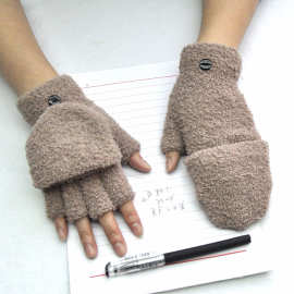 新款成年人冬季保暖珊瑚绒半边绒翻盖手套男女士半指加绒手套批发