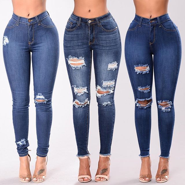 New Aliexpress Amazon European and American Elastic Ripped Slim-Fitting Pants