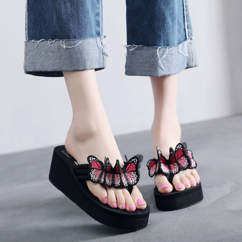 Сияющий новый стиль 2024, 6cm пляжные шлепанцы, сшитые вручную милые модные летние тапочки с бантом и бантом