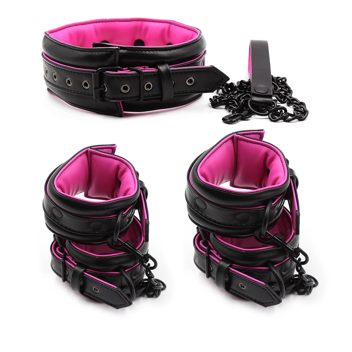 Suministro directo de fábrica al por mayor sexy productos adultos del sexo cuero pu esponja suave esposas tobillo cuff collar perro cadena