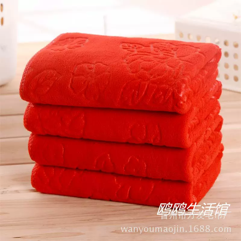 婚庆毛巾大红压花喜字35x75cm满月回礼纤维磨绒加厚厂家批发