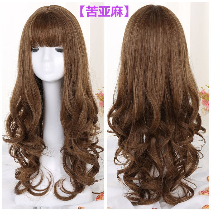 Peluca al por mayor de fábrica, cabello completo, cabello largo y rizado, ondas grandes, flequillo de aire de moda, cubierta de peluca de cuero de cabeza grande de fibra química