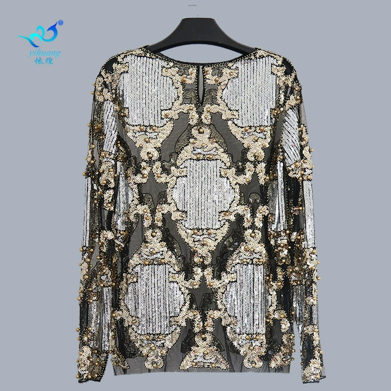 European Station Европейский и американский большой бренд Подиум Взрыв Тяжелая промышленность Высококачественная рубашка с пайетками Перспективная сетчатая Базовая рубашка с длинным рукавом Модная