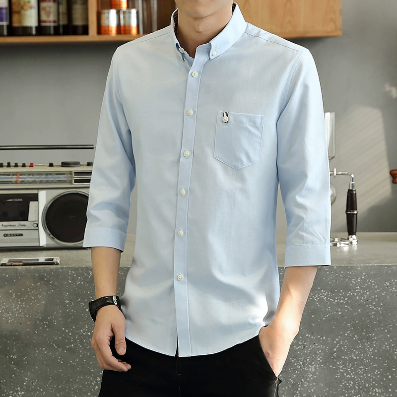 Новая Весенняя Мужская рубашка с длинными рукавами в Корейском стиле, универсальная однотонная Молодежная мужская рубашка с рукавами 3/4, нижняя рубашка, модная