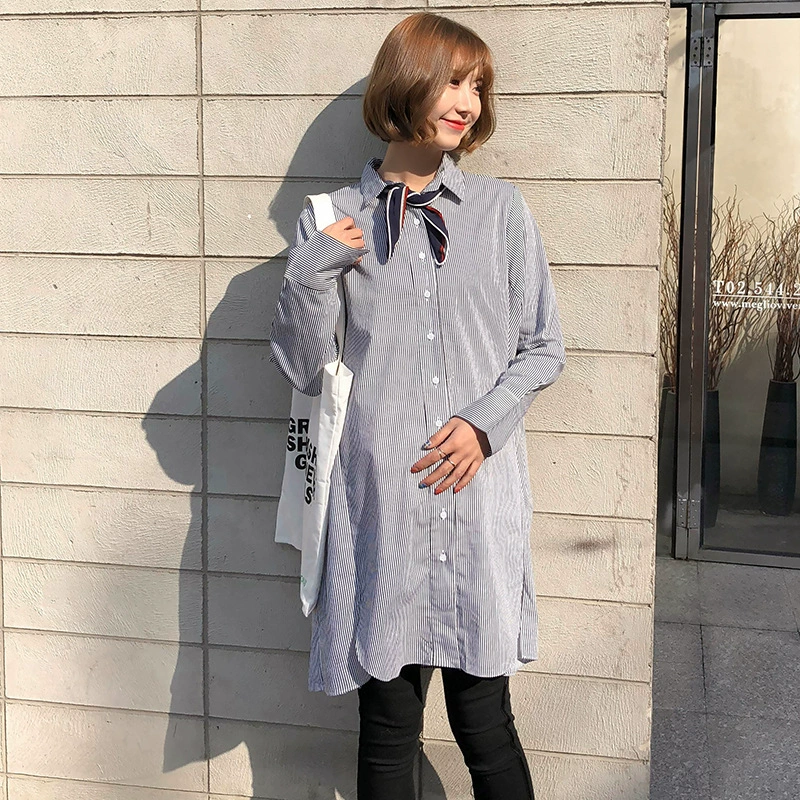 Весенне-осенняя новая одежда для беременных, Корейская рубашка для беременных в полоску, юбка, свободное платье больших размеров, модный рисовый Топ для мамы