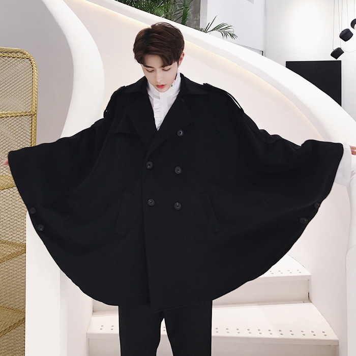 New double-breasted woolen cape coat with rounded hem, perfect for hair salons and nightclubs.