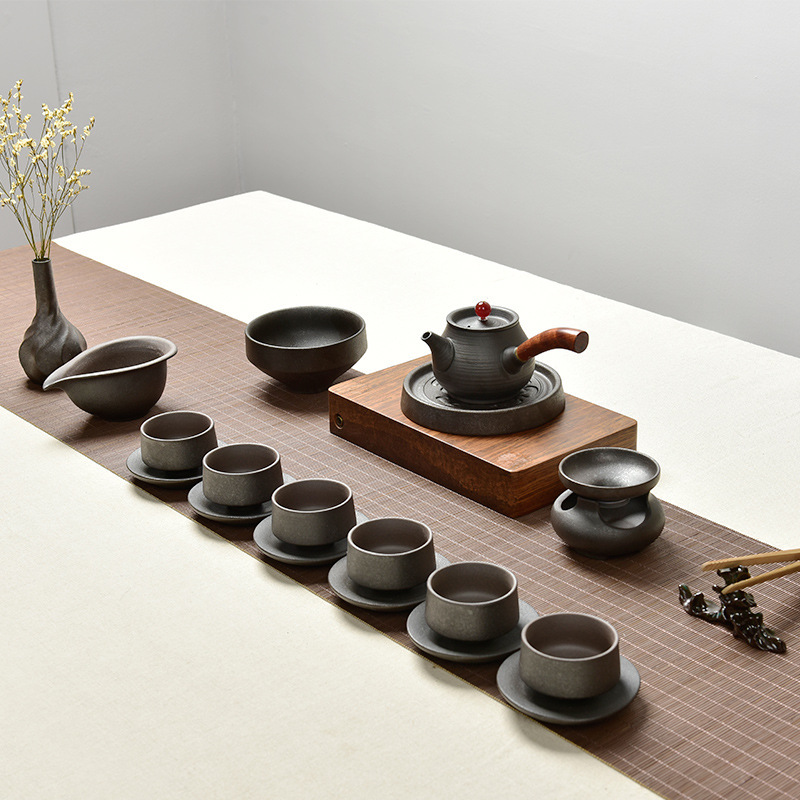 Stoneware kung fu tea set suit side handle pot solid wood handle tea set suit with gift box set kung fu home retro