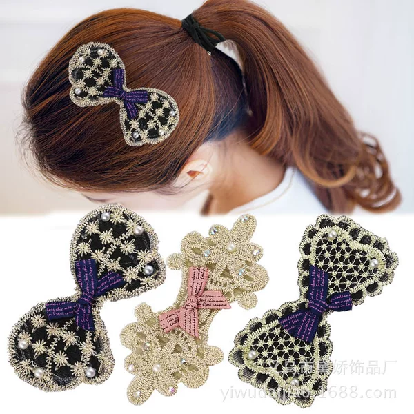 Seamless Velcro Hair Accessory Black and White Ribbon Bangs Patch Lace Fringe Patch Rhinestone Front Hair Patch Adhesive Hair Accessory New Style