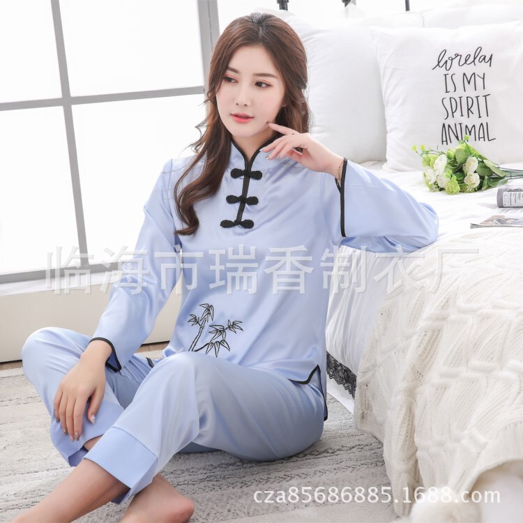 Fuli Xiang Tea Clothes Simulated Silk Han Dynasty Improved Tang Suit Women's Long Sleeve Chinese Style Small Fragrance Style Chinese Home Clothes