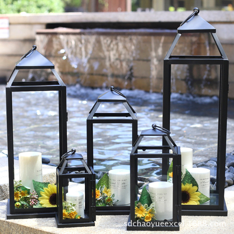 现货批发欧式浪漫婚庆庭院户外落地防风灯手提玻璃蜡烛台铁艺摆件
