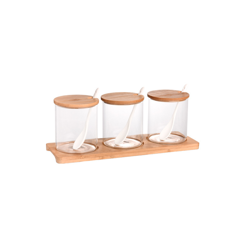 Tarro de condimento de vidrio para el hogar Caja de condimento japonesa botella de condimento frasco de sal conjunto de tres piezas suministros de cocina