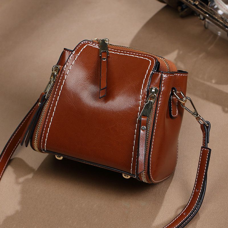 Korean Style Genuine Leather Small Bag Cowhide Women's Bag Vintage All-match Crossbody Bucket Bag Women's Shoulder Bag Square Bag Special Sale