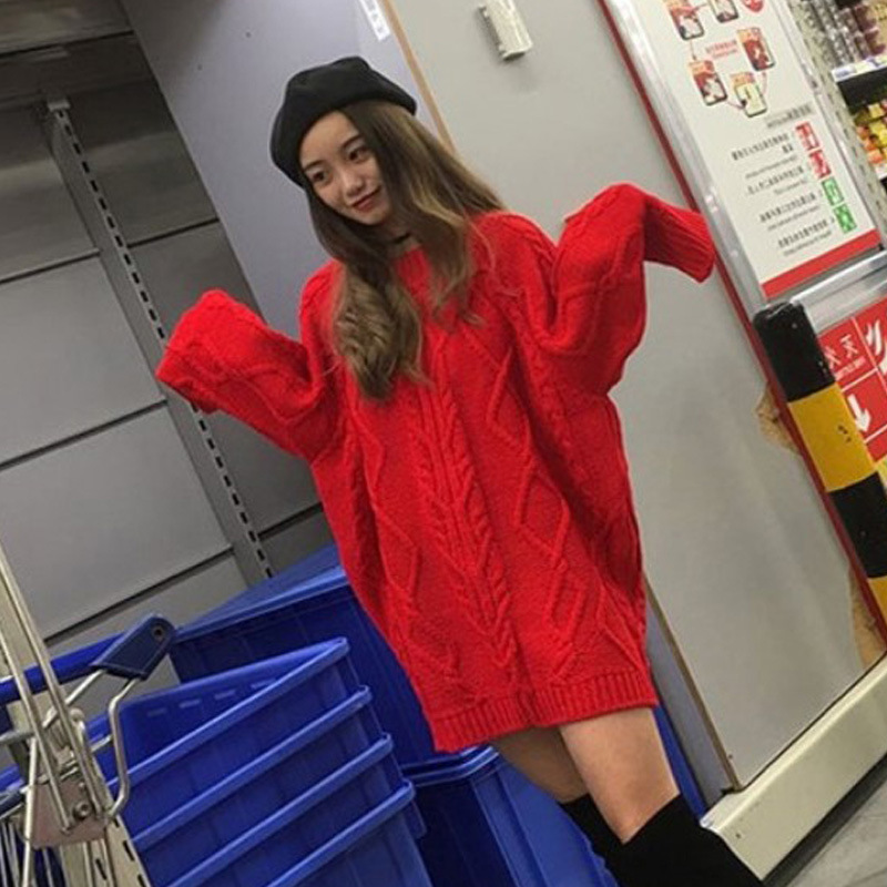 2026 Autumn and Winter New Women's Korean Style Warm Thickeneded Thick Wool Mid-Length Bright Red Sweater Loose Jacket