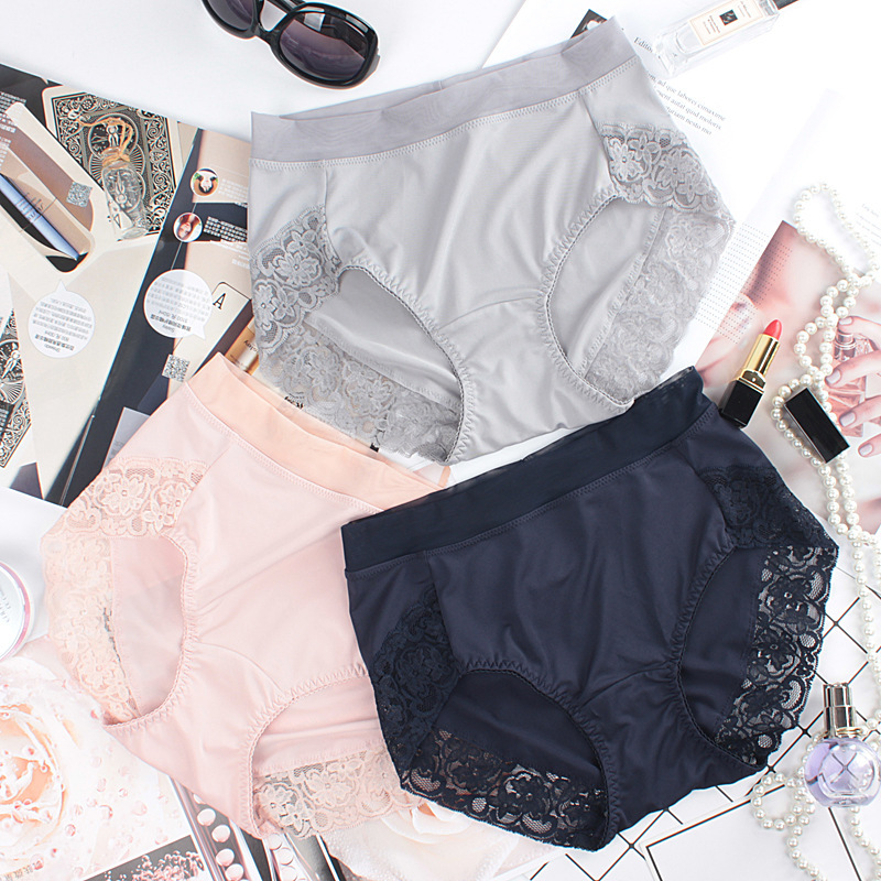 Japanese large size milk silk underwear women's high waist silky sexy lace Ice Silk seamless fat briefs wholesale