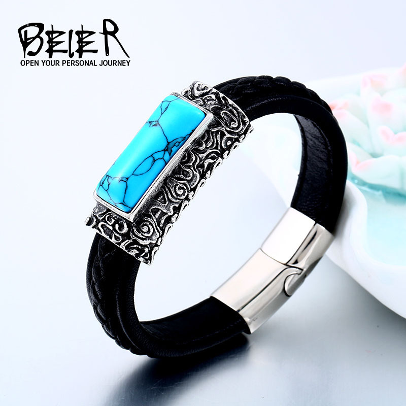 beier creative personality jewelry wholesale titanium steel inlaid turquoise leather bracelet men's domineering retro bracelet