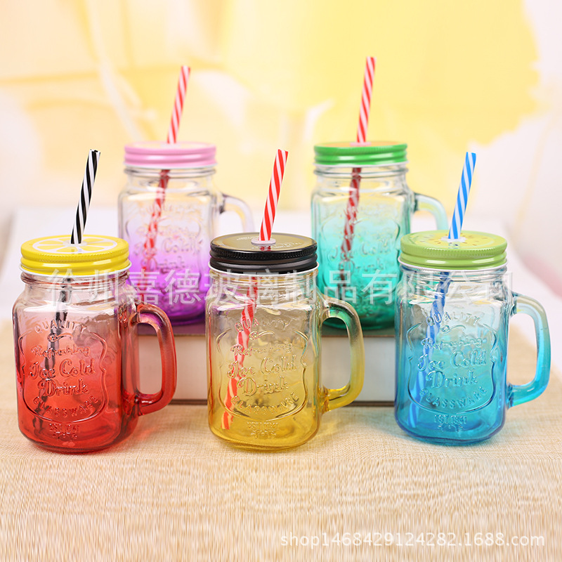 公鸡杯带盖渐变色梅森杯玻璃水杯 创意奶茶店饮品杯子 饮料果汁杯