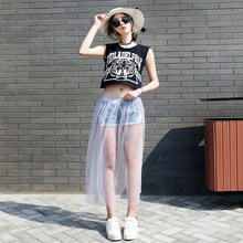 2018新款夏透视外搭透明中长款仙气星空网纱半身裙单层一层纱罩裙