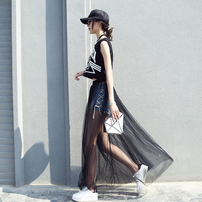Summer new ultra-thin see-through mesh skirt women's single-layer black bottoming gauze skirt high waist outer transparent dress