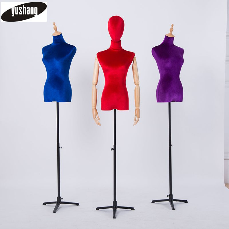 Maniquíes de exhibición para ropa femenina, soporte de maniquí con base triangular, maniquí de terciopelo de medio cuerpo para mujer, maniquíes de vestidos de novia al por mayor.