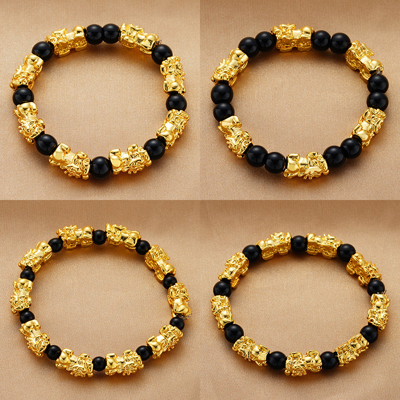 Gold Plated Pixiu Charm Bracelet Black Onyx Beads