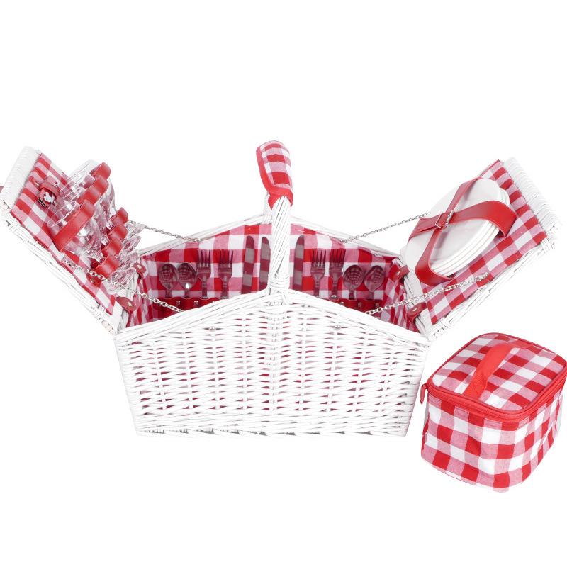 Fábrica de stock de sauce portátil con cubierta canasta de picnic pastoral al aire libre ins de caña con cubierta de cubierta bolsa de aislamiento de calor canasta de picnic