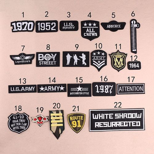 Embroidered patch with a small black logo, trendy for clothes and fashion accessories.