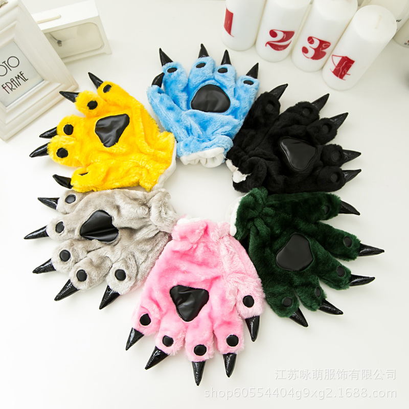 Cute paw gloves pajamas with cartoon animal dinosaur Totoro warm plush five-finger couple