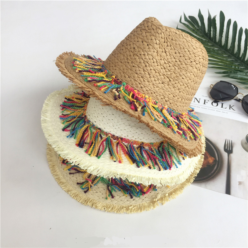 Pdmcms Beach Hat for Women Summer Seaside Vacation Grass Hat for Shading Fashionable Tassel Small Top Hat_voghion.com