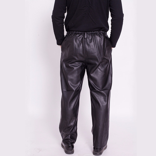 Men's Leather Pants: Mid-to-Older Adult Style, Loose-Fitting, Straight-Leg Design with Elastic Waist—Black, Durable, Stain-, Water-, and Oil-Resistant Workwear for Labor Protection