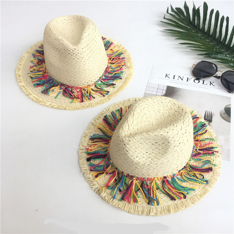 Pdmcms Beach Hat for Women Summer Seaside Vacation Grass Hat for Shading Fashionable Tassel Small Top Hat_voghion.com
