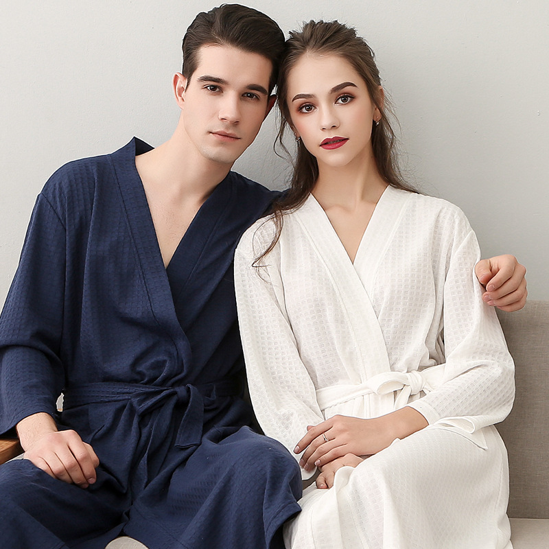 Spring and Summer Bathrobe for Women, Thin Waffle Couple Nightgown for Men and Women, Summer Three-Quarter Sleeve Korean Style Bathrobe That Absorbs Water